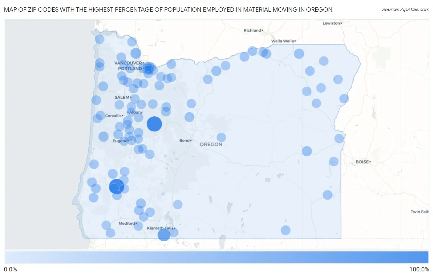 Zip Codes with the Highest Percentage of Population Employed in Material Moving in Oregon Map
