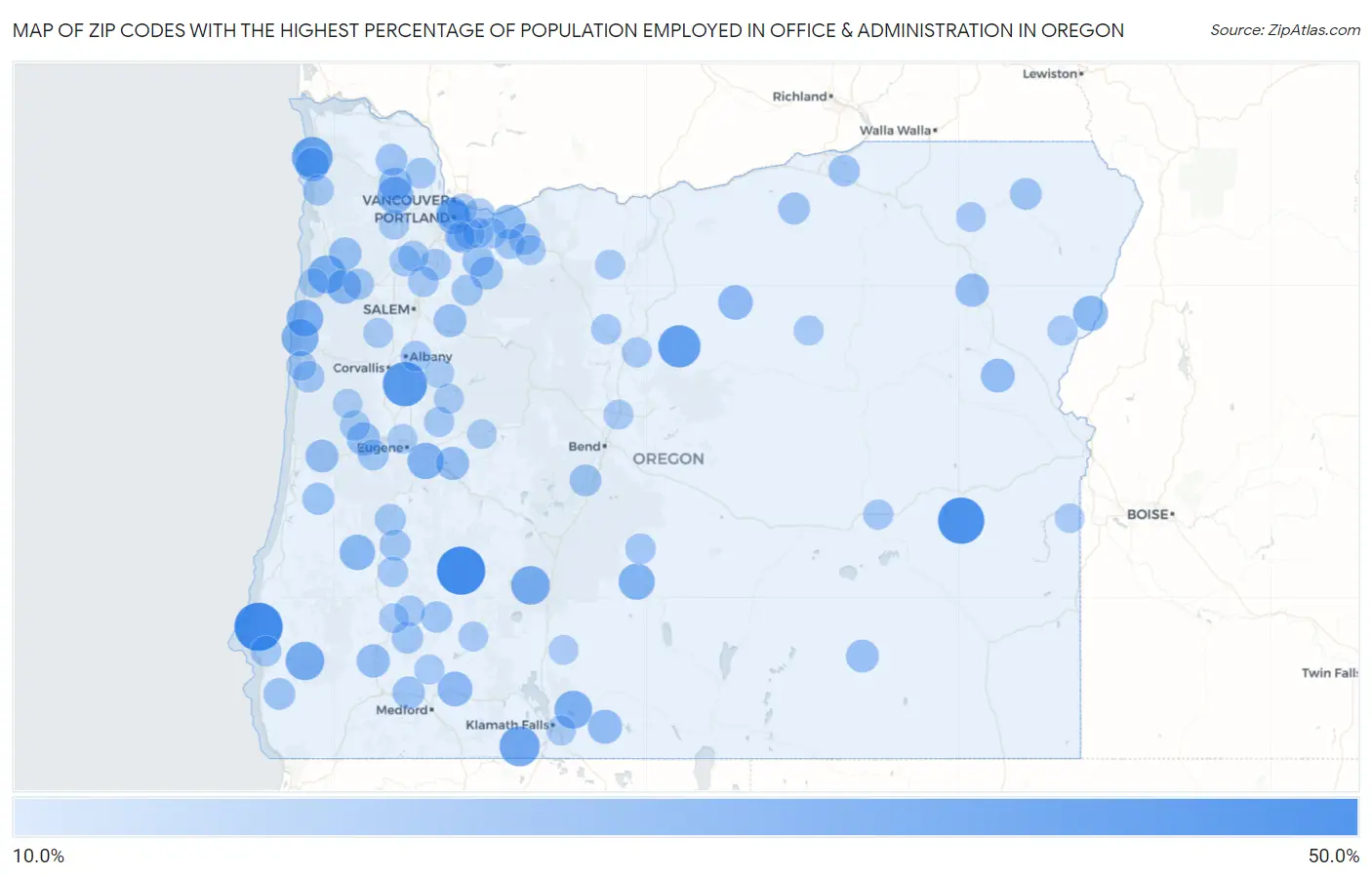 Zip Codes with the Highest Percentage of Population Employed in Office & Administration in Oregon Map