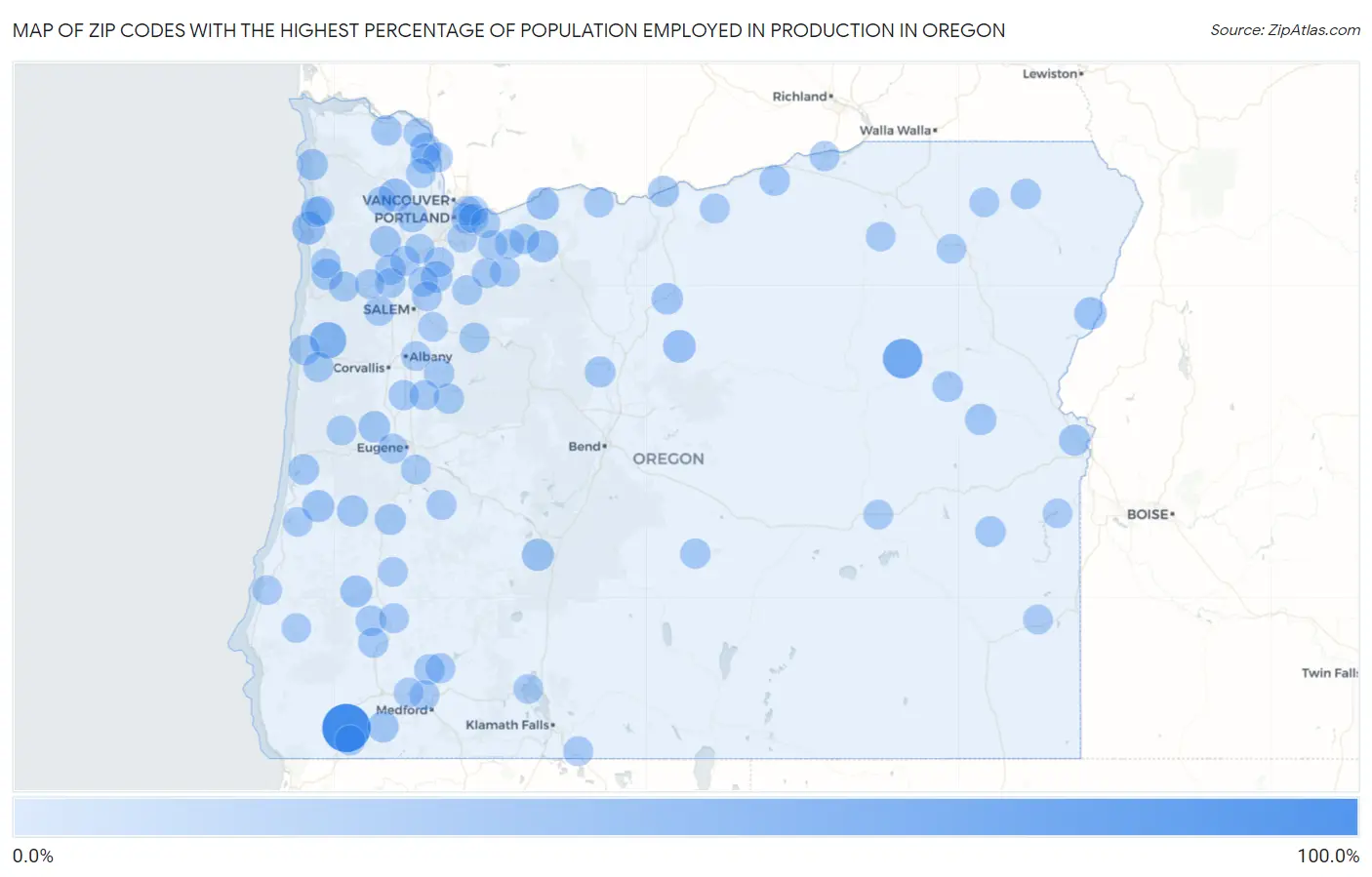 Zip Codes with the Highest Percentage of Population Employed in Production in Oregon Map