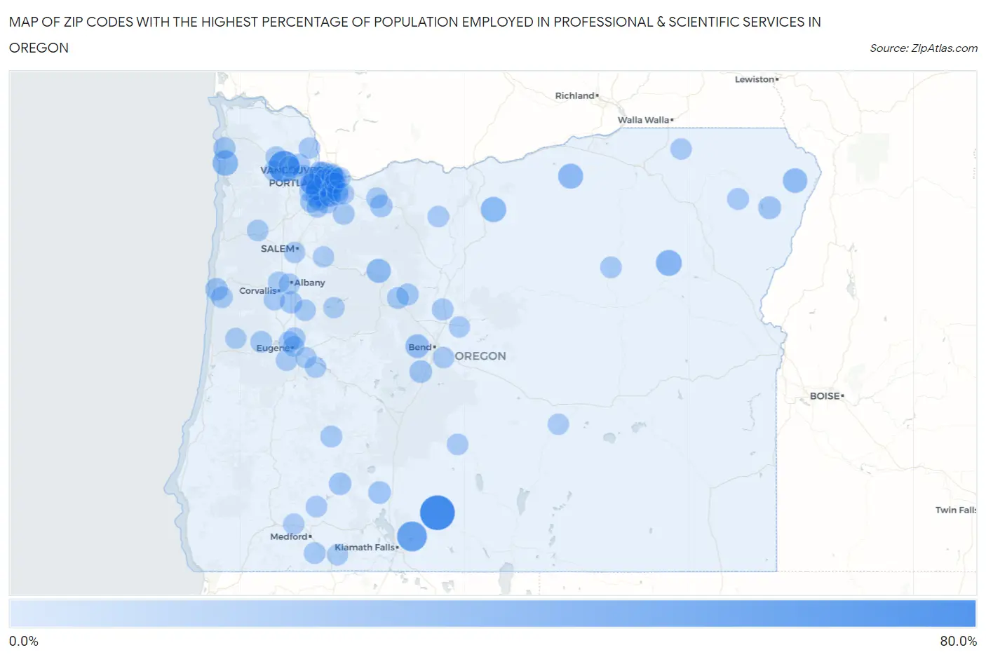 Zip Codes with the Highest Percentage of Population Employed in Professional & Scientific Services in Oregon Map