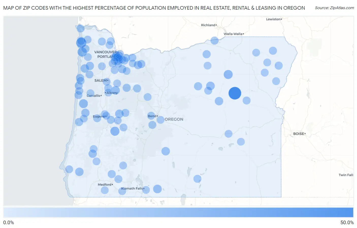 Zip Codes with the Highest Percentage of Population Employed in Real Estate, Rental & Leasing in Oregon Map