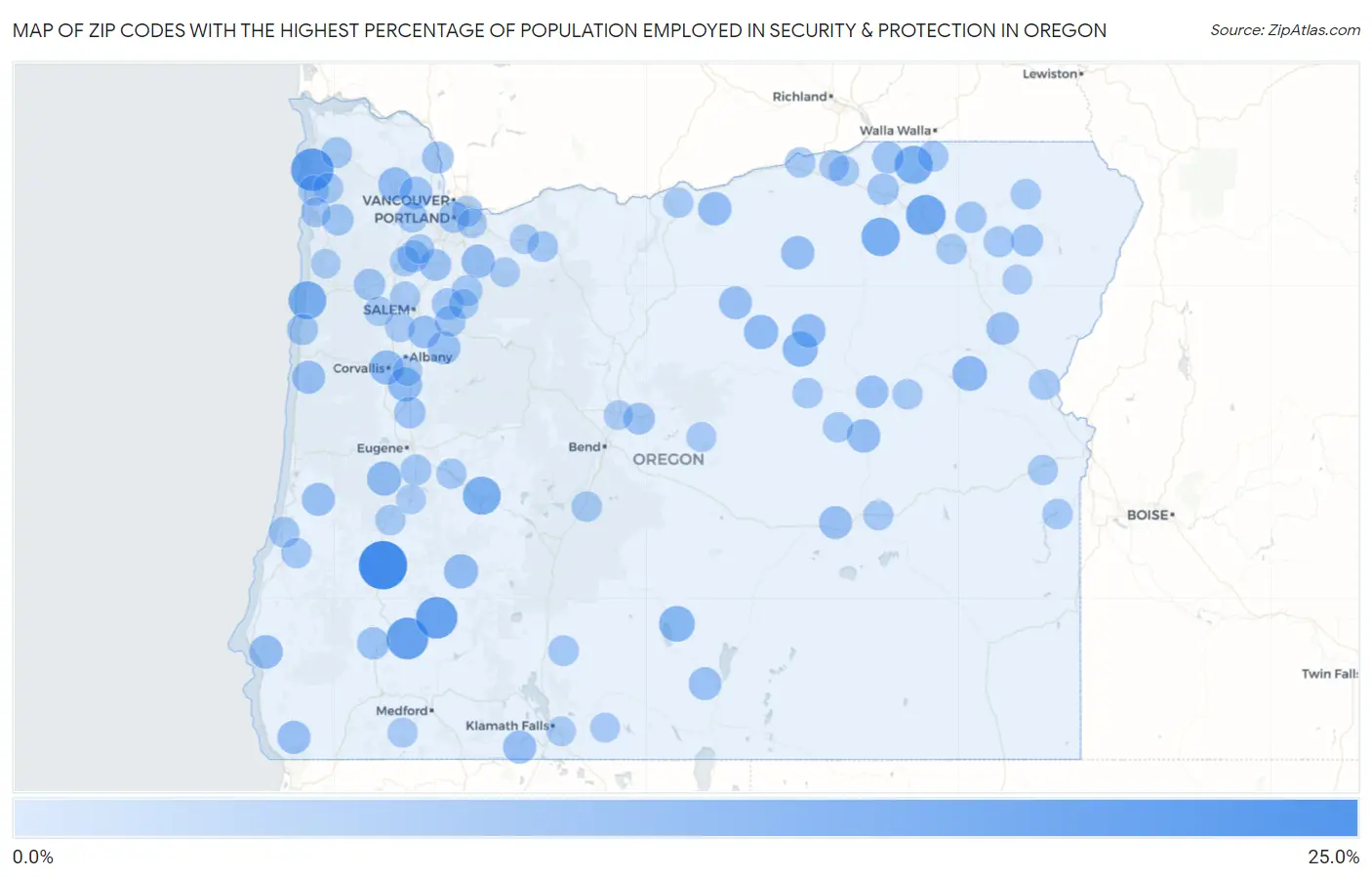 Zip Codes with the Highest Percentage of Population Employed in Security & Protection in Oregon Map