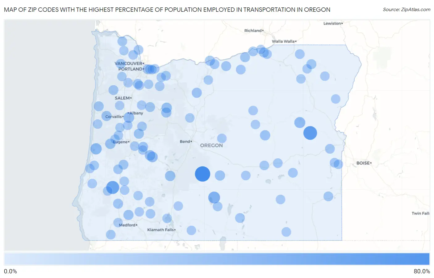 Zip Codes with the Highest Percentage of Population Employed in Transportation in Oregon Map