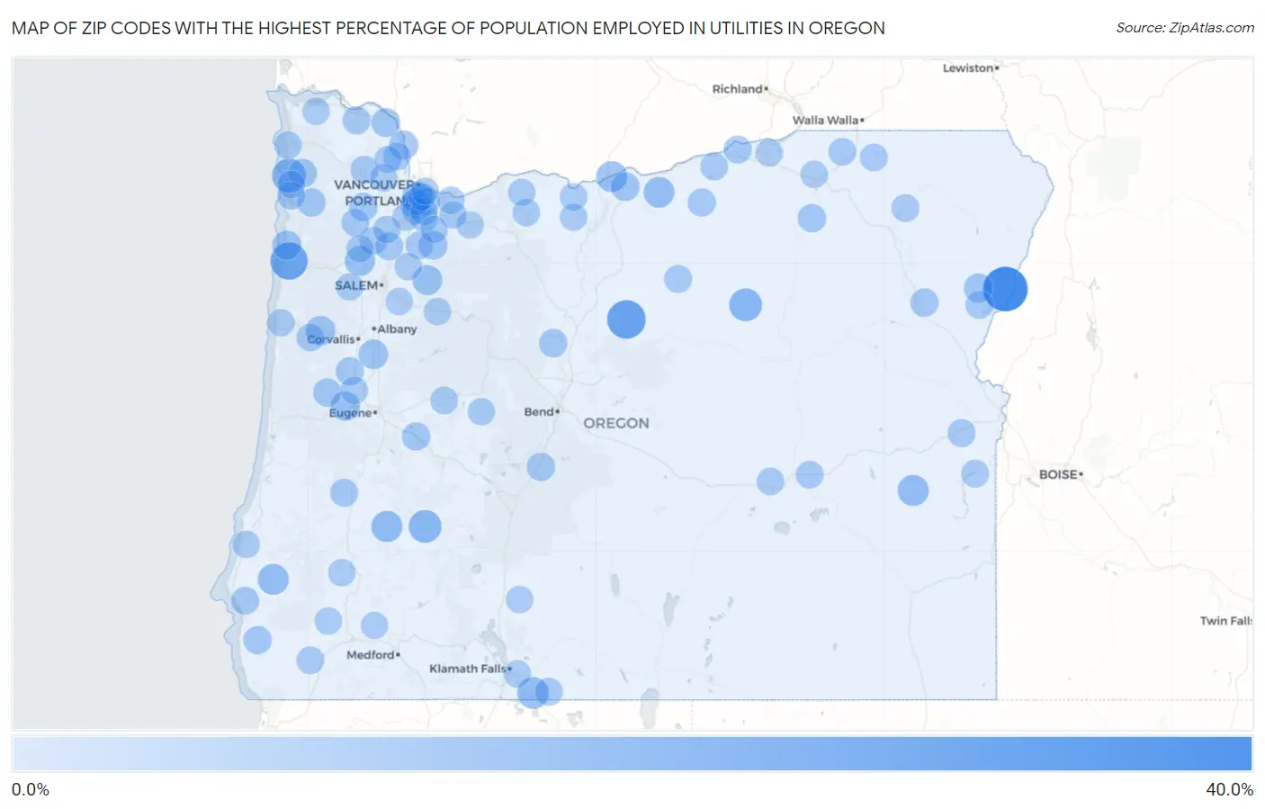 Zip Codes with the Highest Percentage of Population Employed in Utilities in Oregon Map