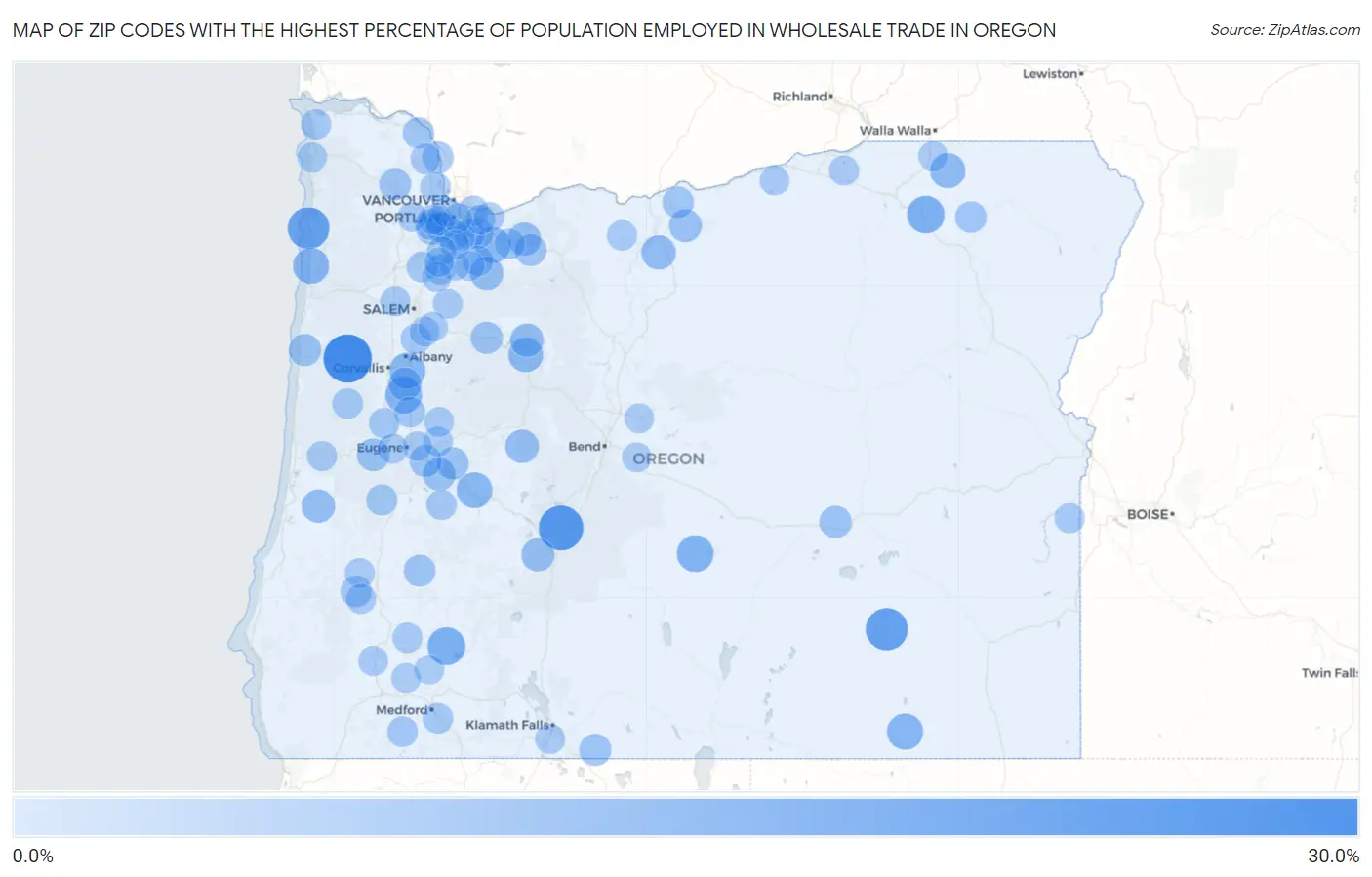 Zip Codes with the Highest Percentage of Population Employed in Wholesale Trade in Oregon Map