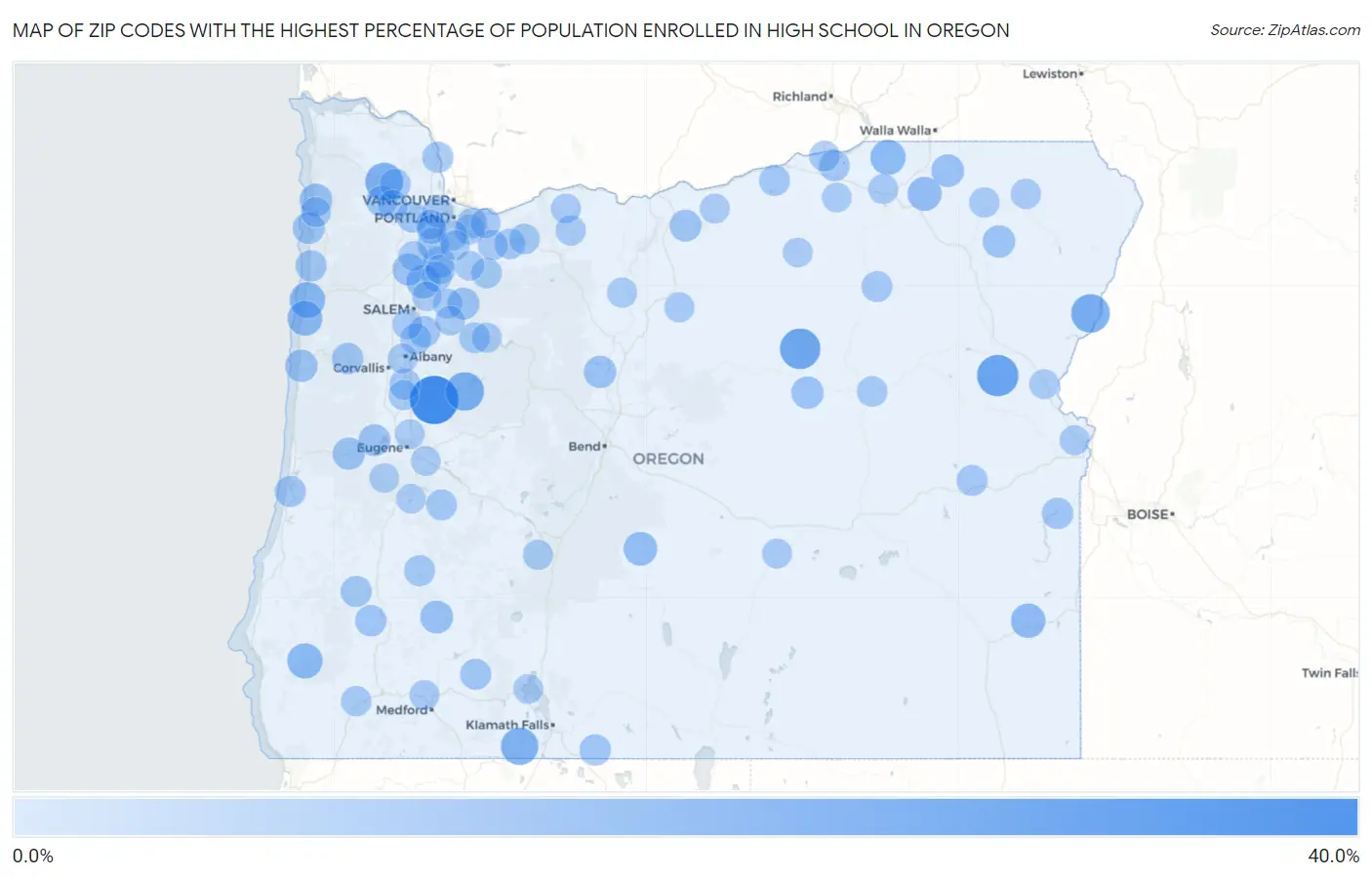 Zip Codes with the Highest Percentage of Population Enrolled in High School in Oregon Map