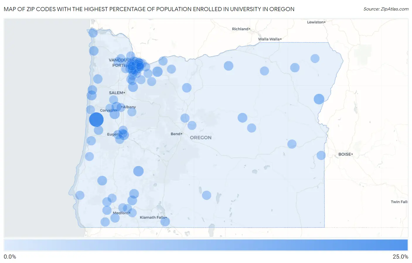 Zip Codes with the Highest Percentage of Population Enrolled in University in Oregon Map