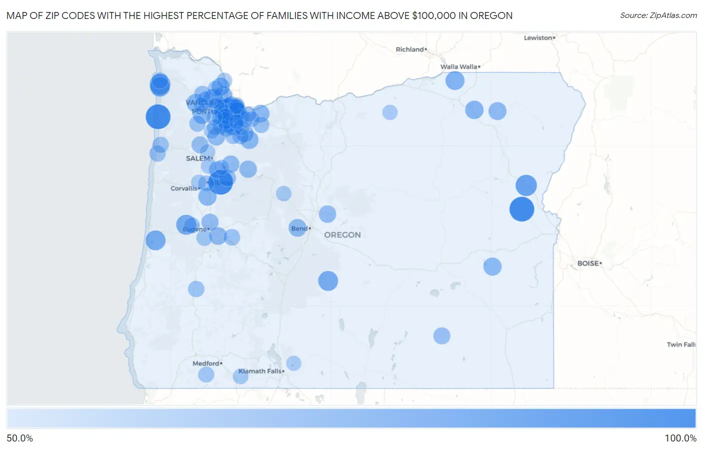 Zip Codes with the Highest Percentage of Families with Income Above $100,000 in Oregon Map