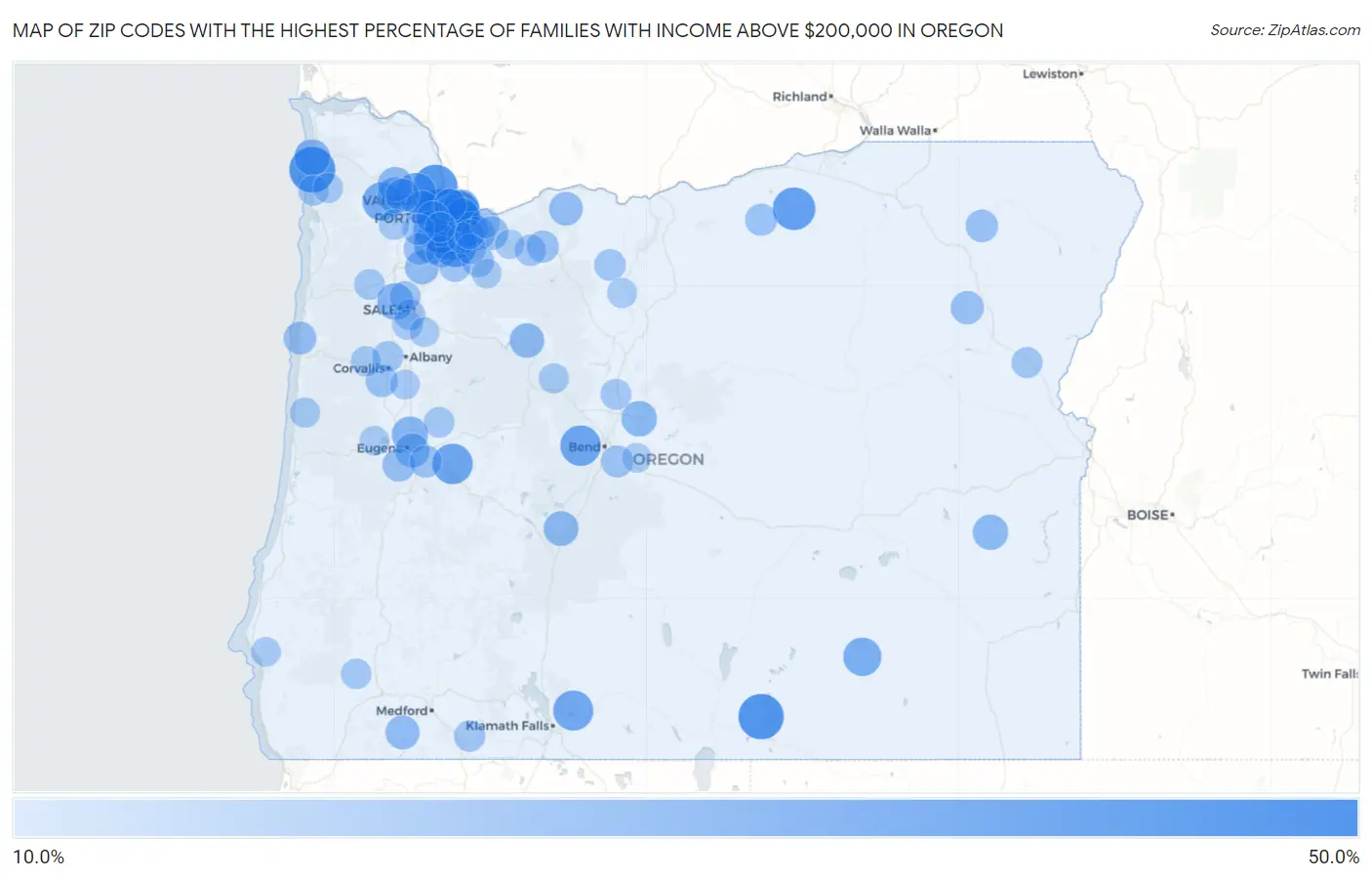 Zip Codes with the Highest Percentage of Families with Income Above $200,000 in Oregon Map