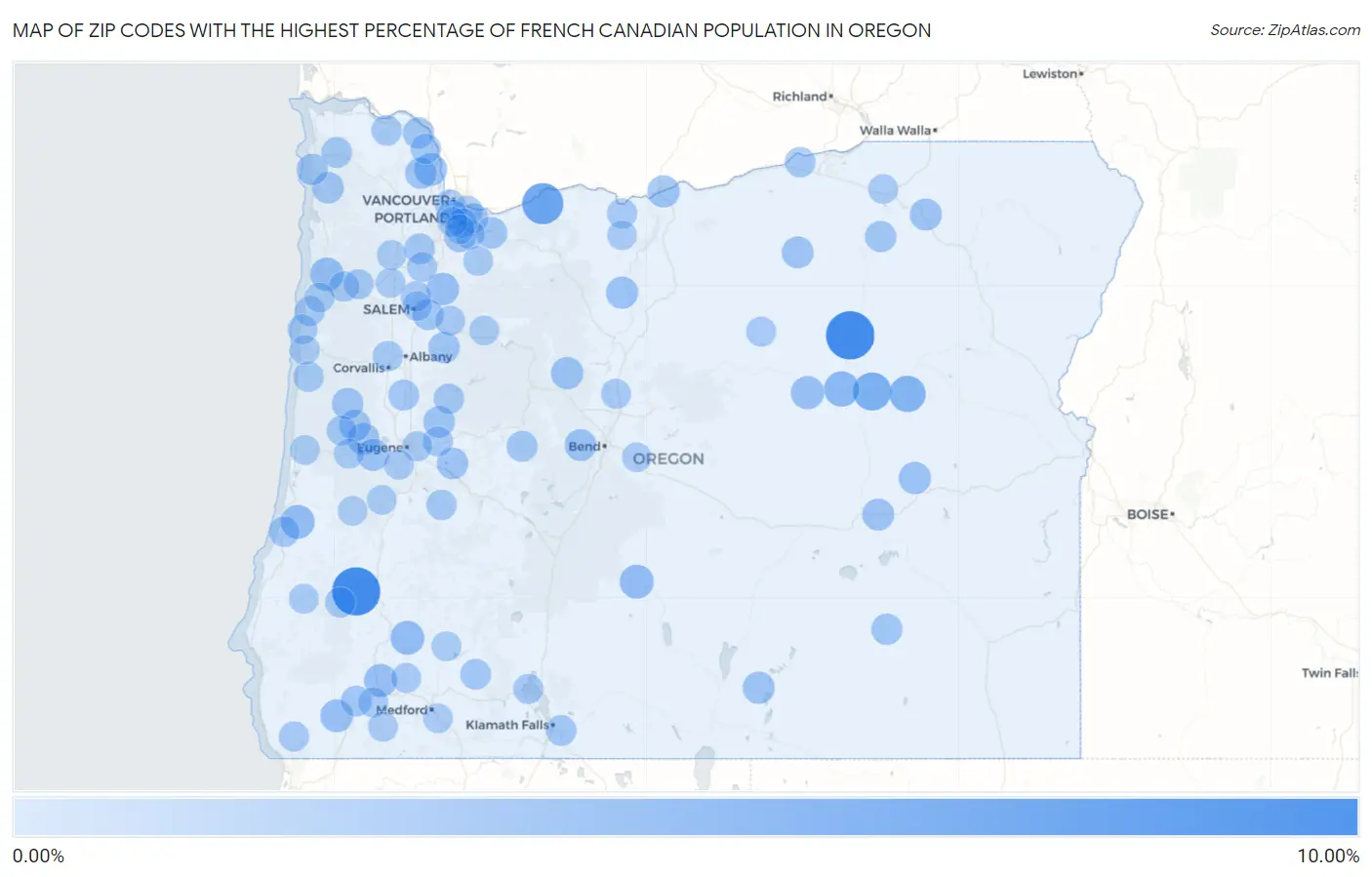 Zip Codes with the Highest Percentage of French Canadian Population in Oregon Map