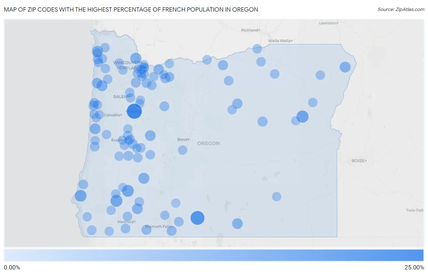 Zip Codes with the Highest Percentage of French Population in Oregon Map