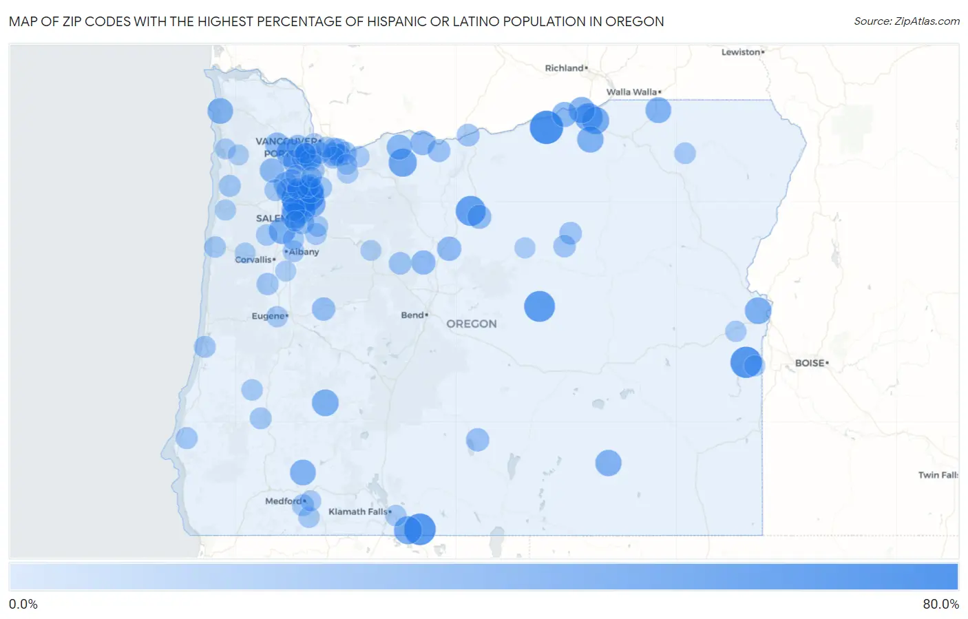 Zip Codes with the Highest Percentage of Hispanic or Latino Population in Oregon Map