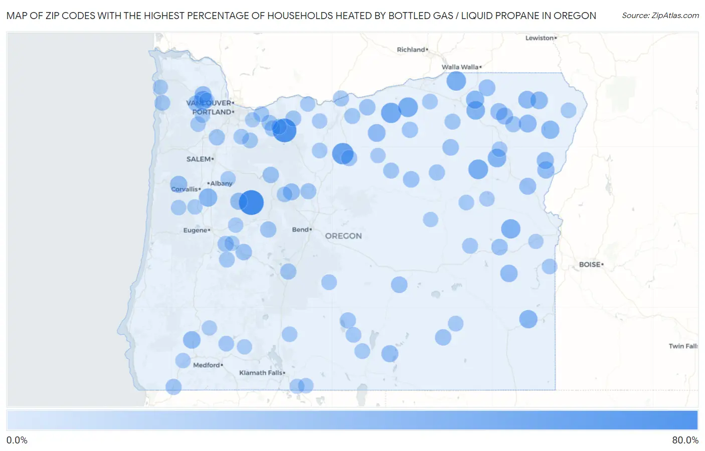 Zip Codes with the Highest Percentage of Households Heated by Bottled Gas / Liquid Propane in Oregon Map