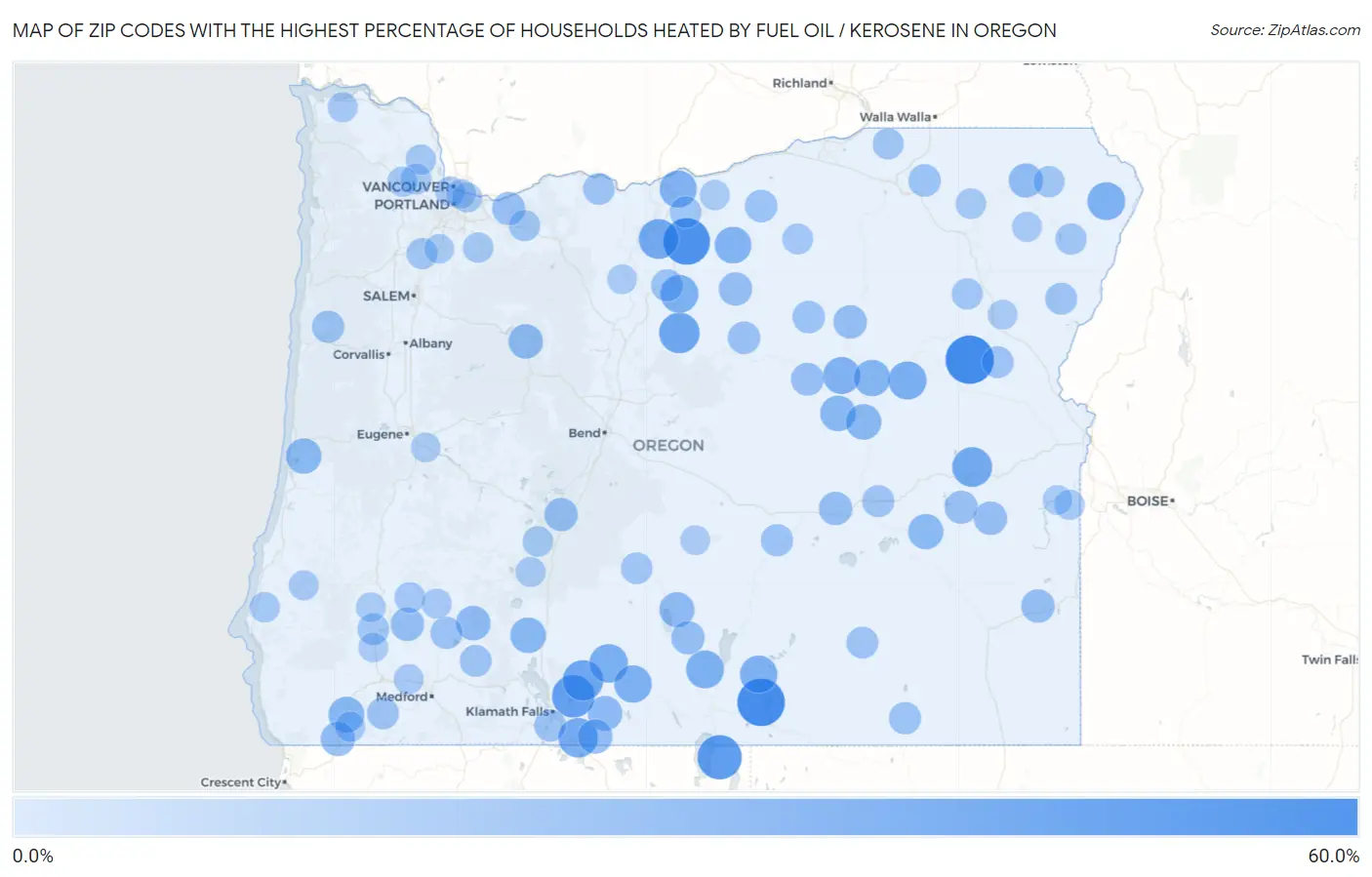 Zip Codes with the Highest Percentage of Households Heated by Fuel Oil / Kerosene in Oregon Map
