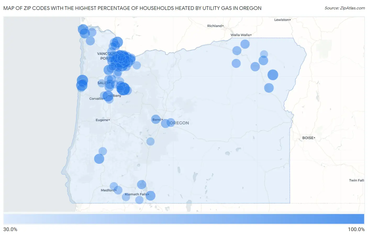 Zip Codes with the Highest Percentage of Households Heated by Utility Gas in Oregon Map
