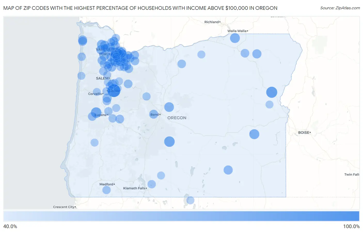 Zip Codes with the Highest Percentage of Households with Income Above $100,000 in Oregon Map