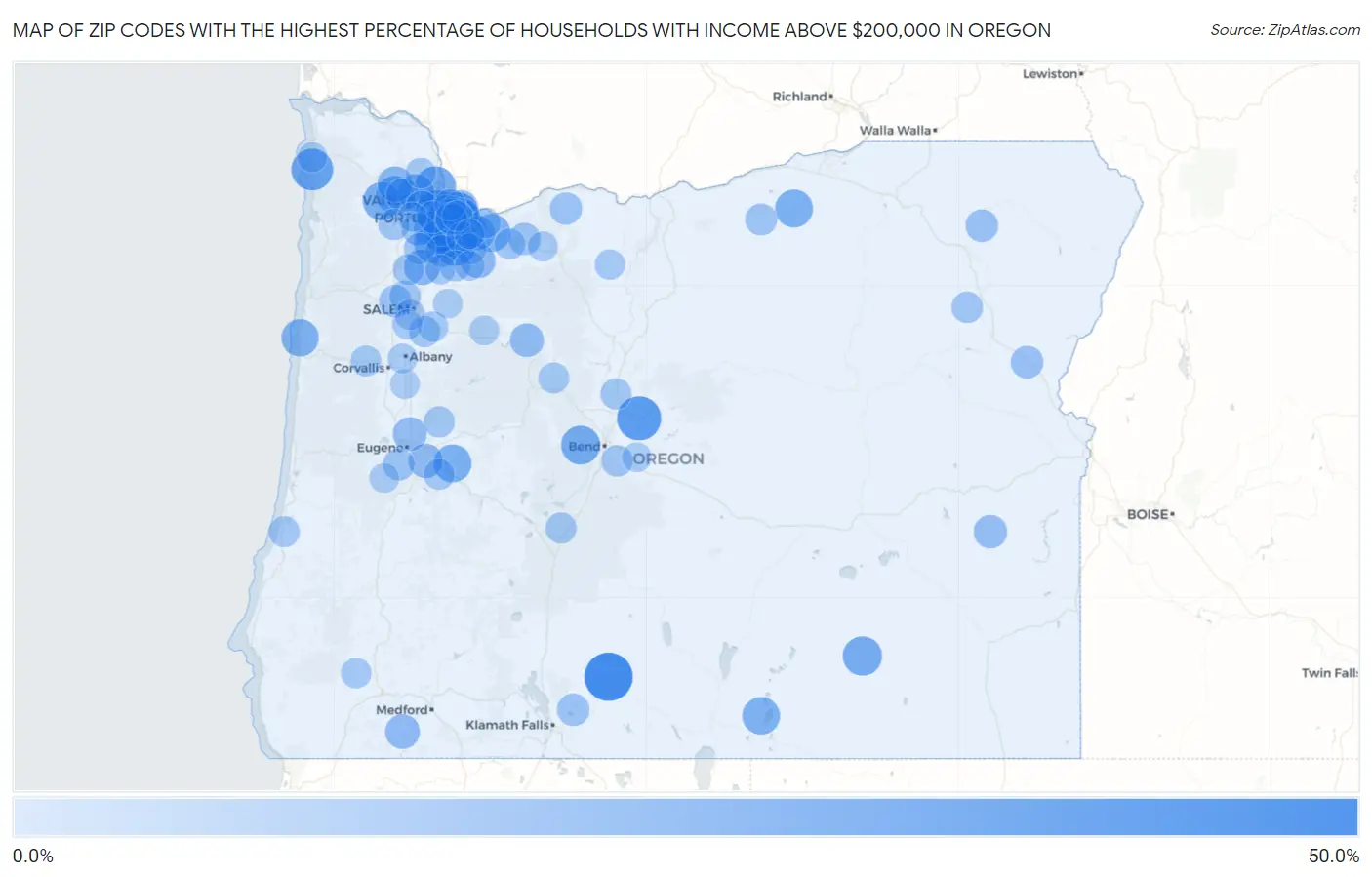 Zip Codes with the Highest Percentage of Households with Income Above $200,000 in Oregon Map