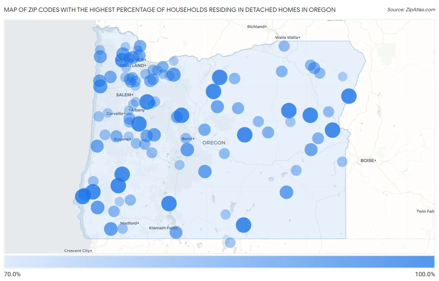 Zip Codes with the Highest Percentage of Households Residing in Detached Homes in Oregon Map