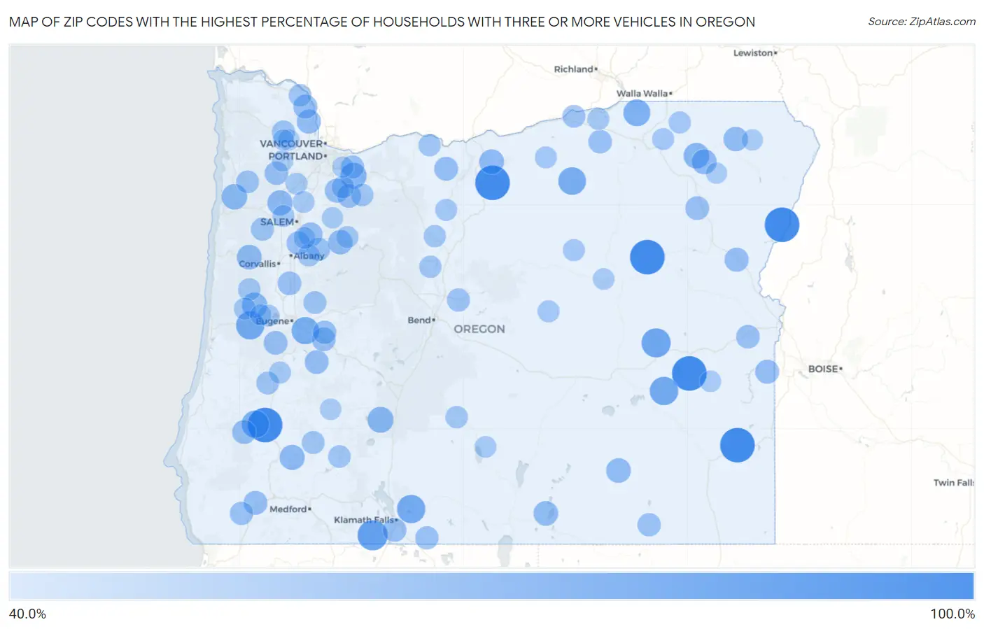 Zip Codes with the Highest Percentage of Households With Three or more Vehicles in Oregon Map