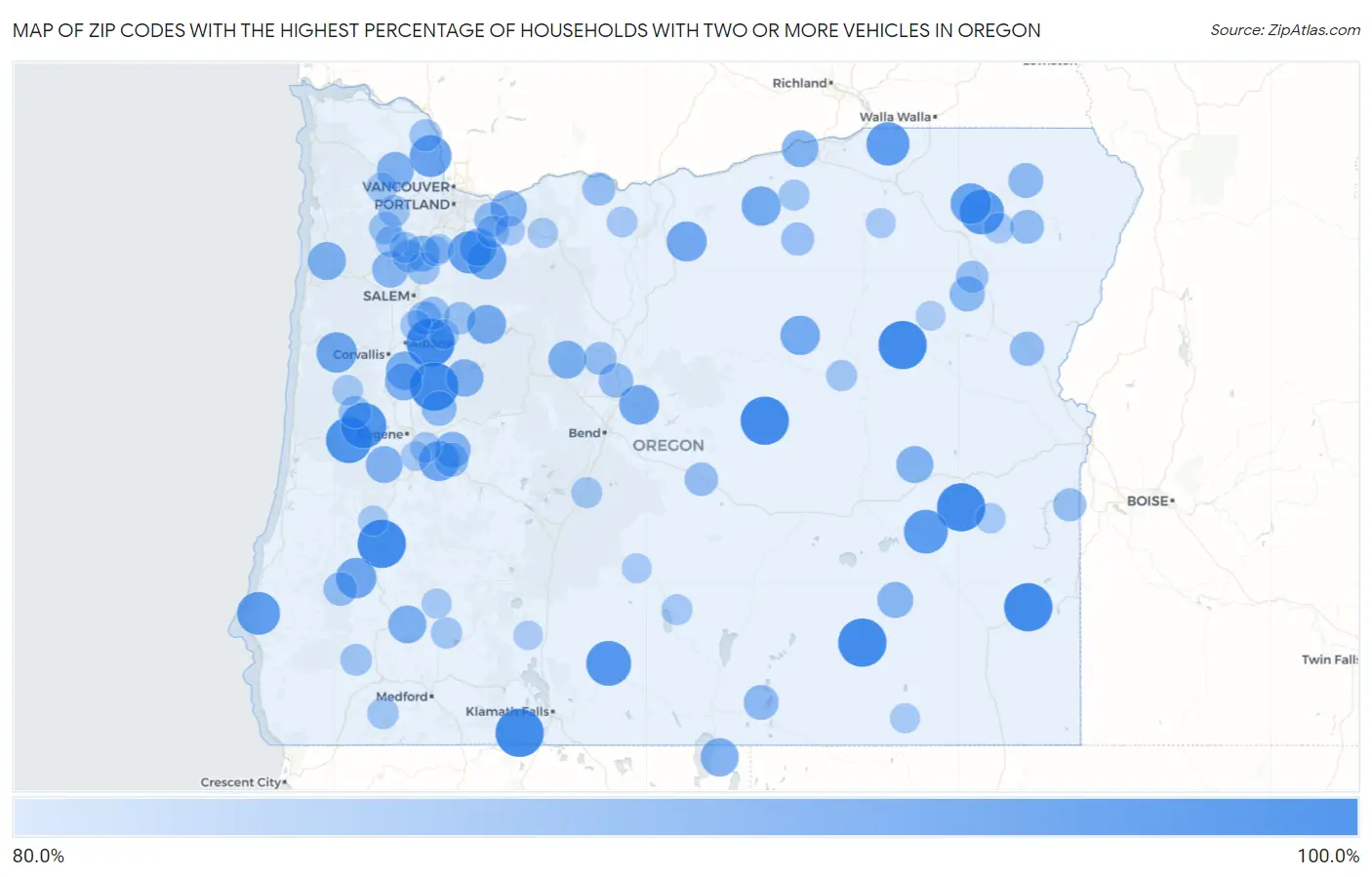 Zip Codes with the Highest Percentage of Households With Two or more Vehicles in Oregon Map