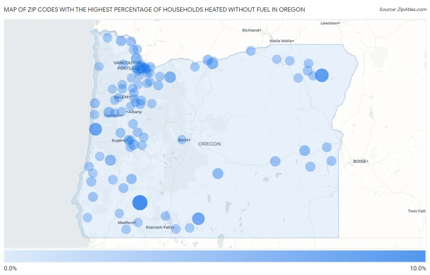 Zip Codes with the Highest Percentage of Households Heated without Fuel in Oregon Map