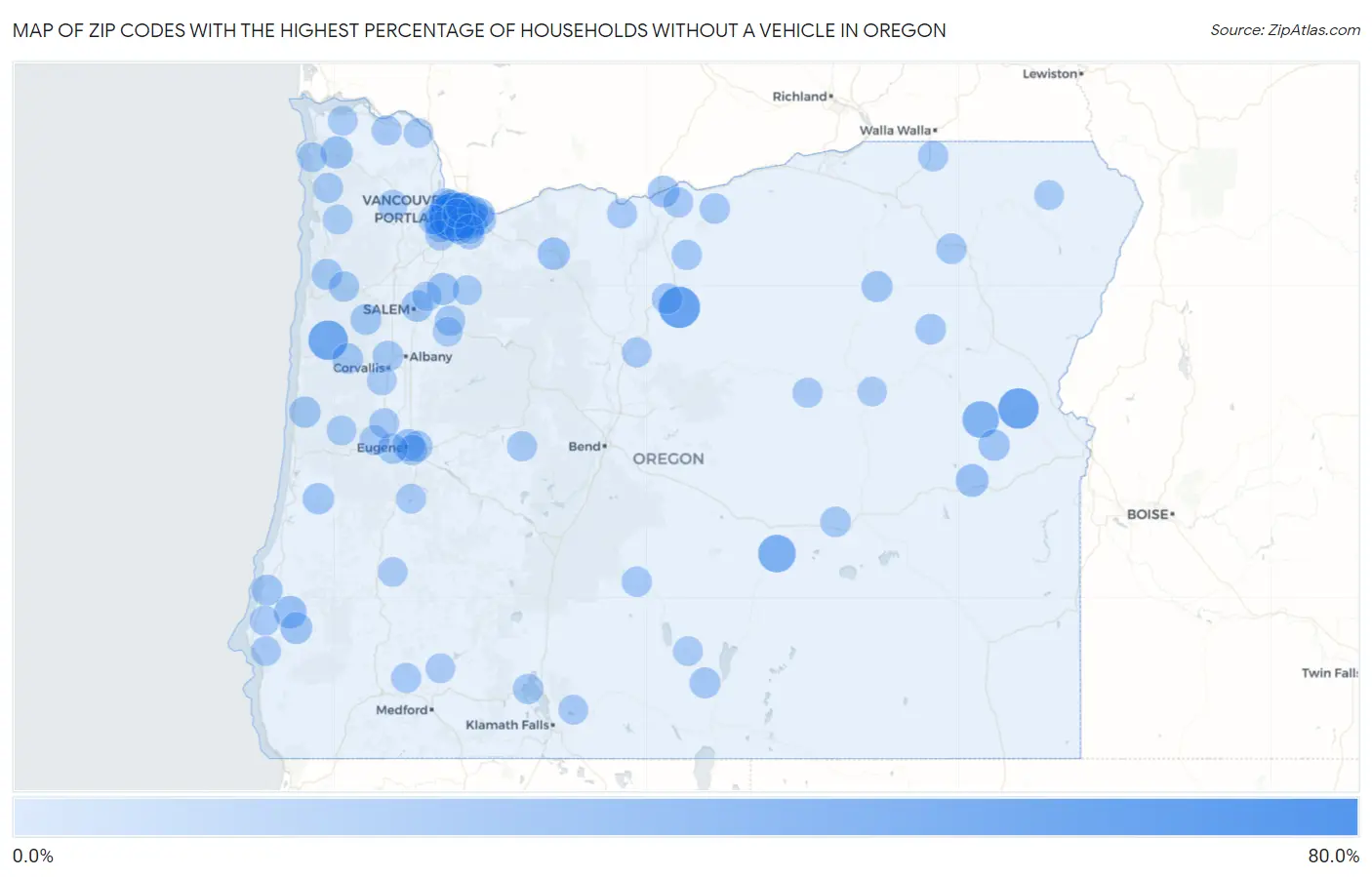 Zip Codes with the Highest Percentage of Households Without a Vehicle in Oregon Map