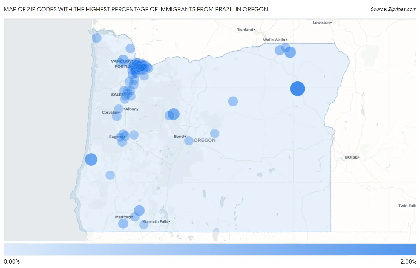 Zip Codes with the Highest Percentage of Immigrants from Brazil in Oregon Map