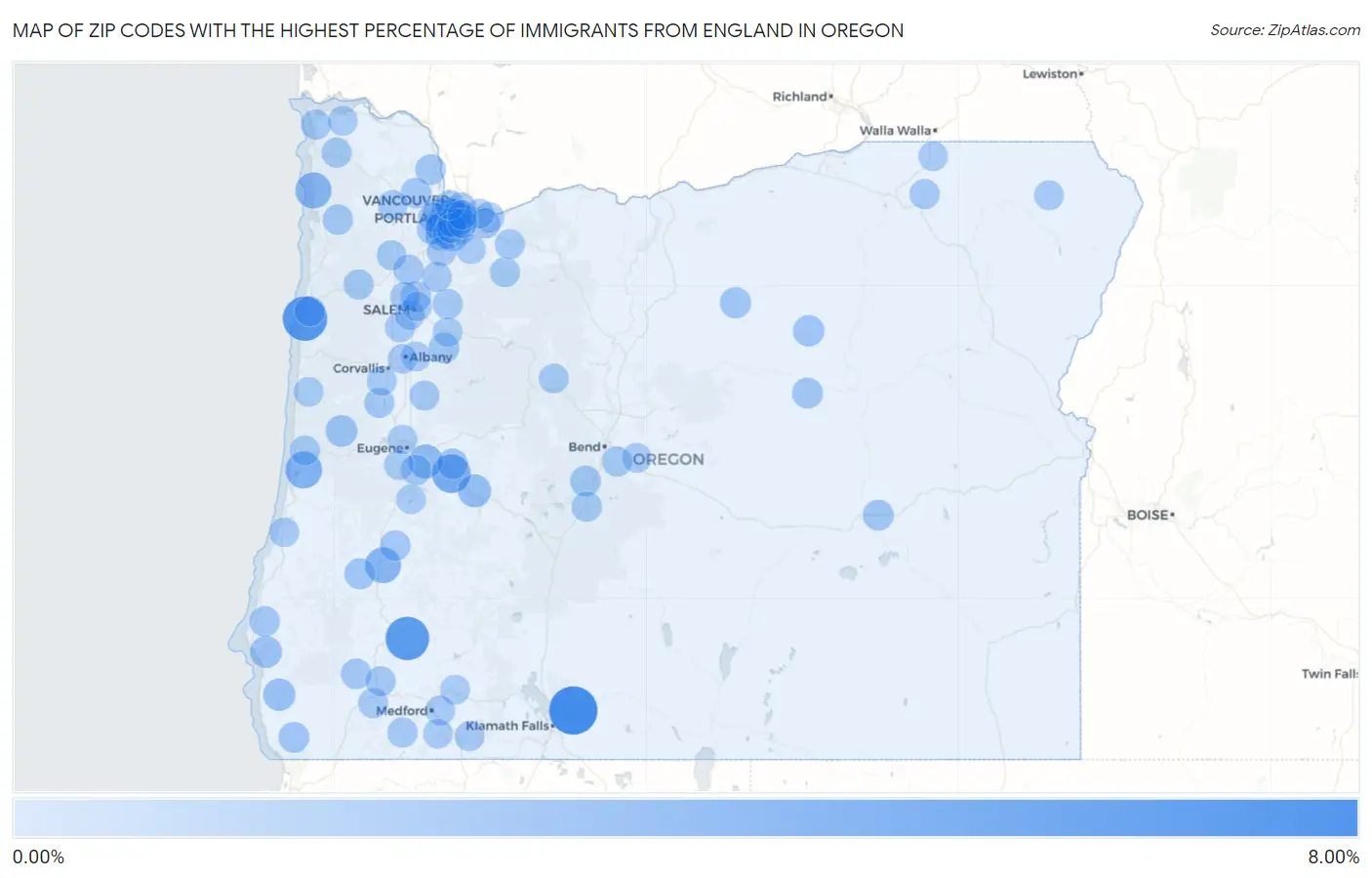 Zip Codes with the Highest Percentage of Immigrants from England in Oregon Map