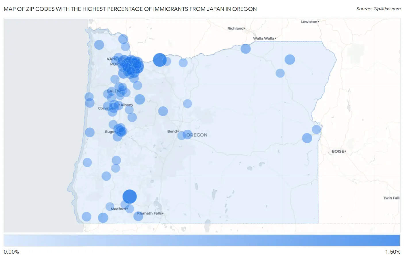 Zip Codes with the Highest Percentage of Immigrants from Japan in Oregon Map