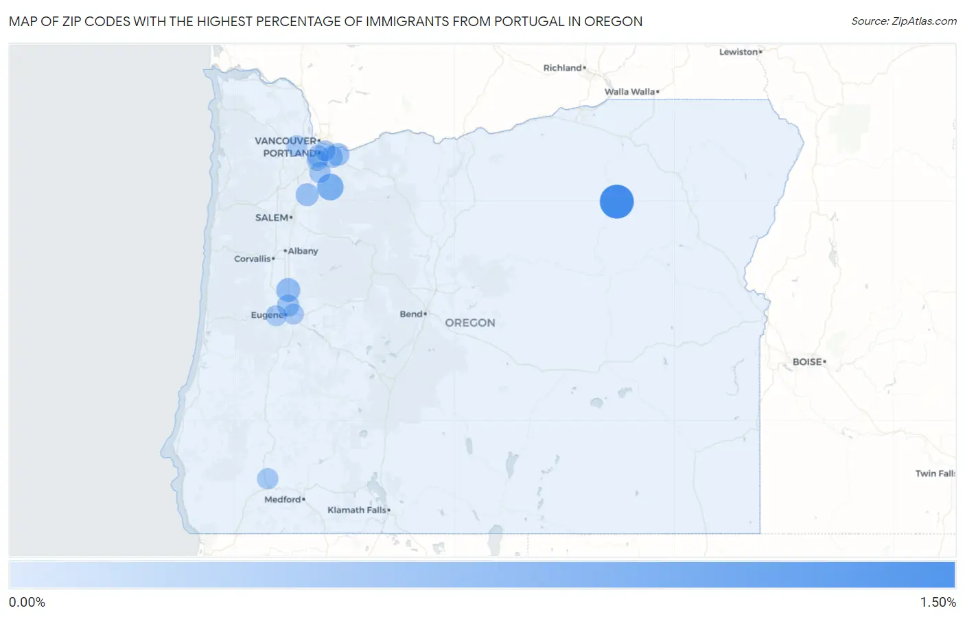 Zip Codes with the Highest Percentage of Immigrants from Portugal in Oregon Map