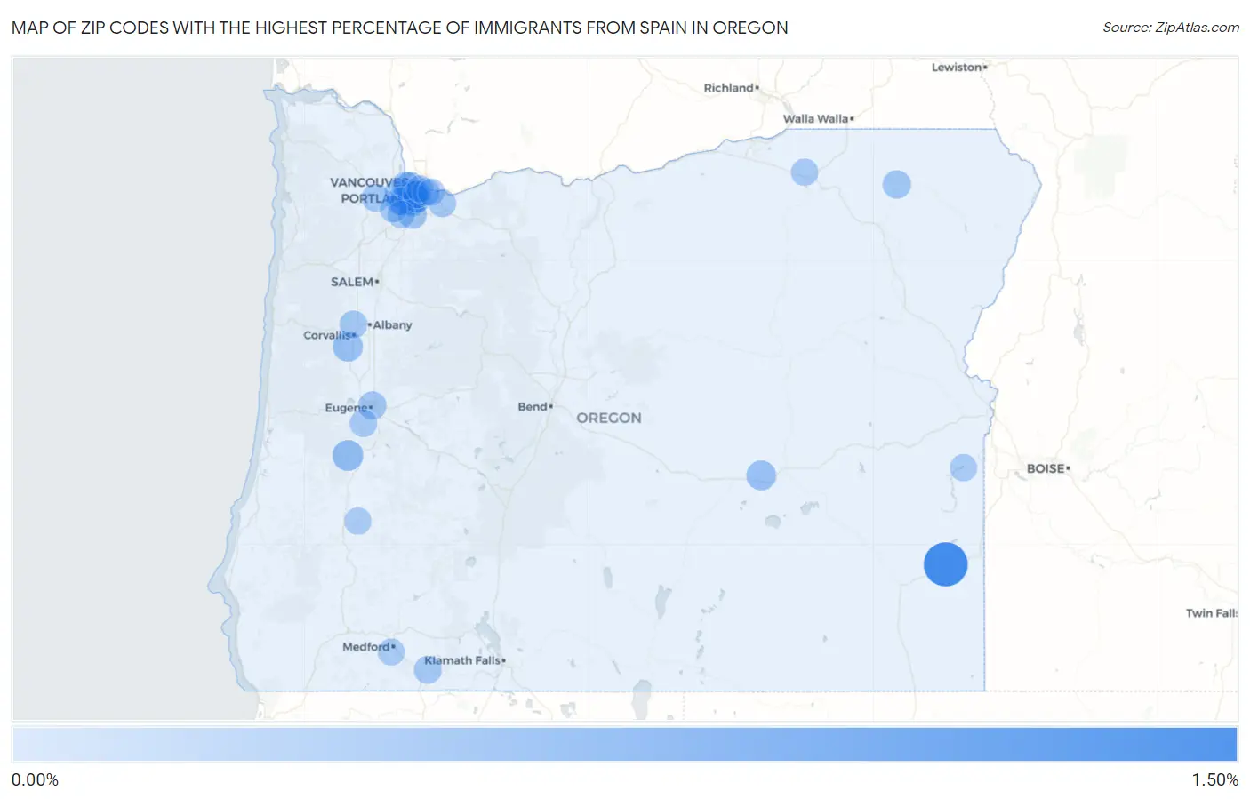 Zip Codes with the Highest Percentage of Immigrants from Spain in Oregon Map