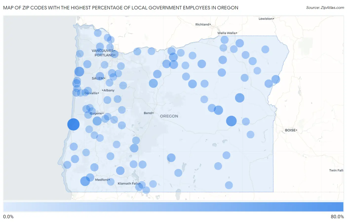 Zip Codes with the Highest Percentage of Local Government Employees in Oregon Map
