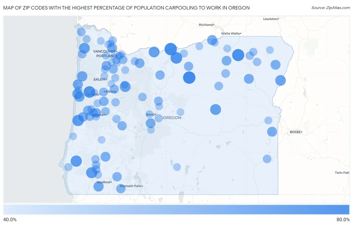 Zip Codes with the Highest Percentage of Population Carpooling to Work in Oregon Map