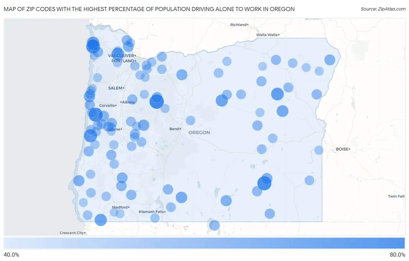 Zip Codes with the Highest Percentage of Population Driving Alone to Work in Oregon Map
