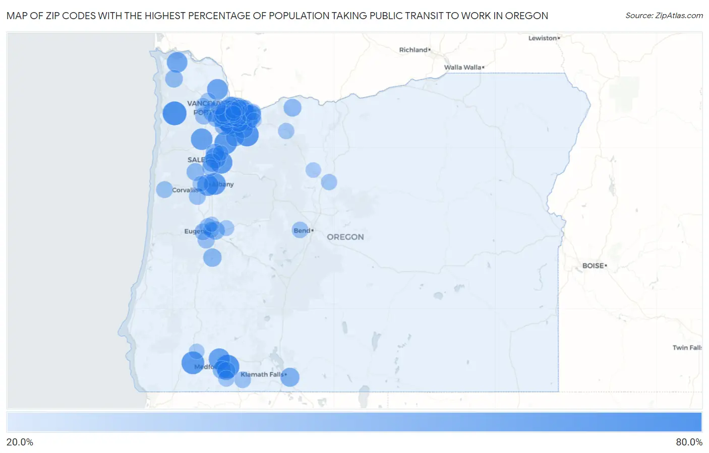 Zip Codes with the Highest Percentage of Population Taking Public Transit to Work in Oregon Map