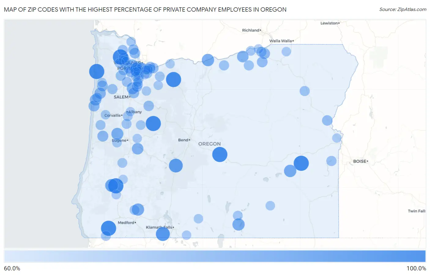 Zip Codes with the Highest Percentage of Private Company Employees in Oregon Map