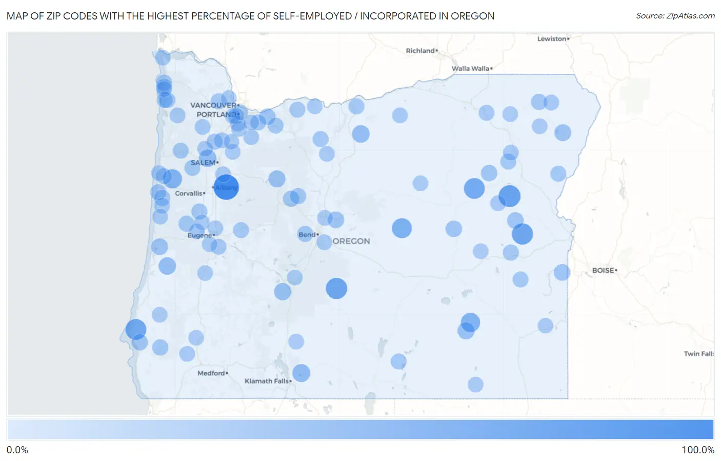 Zip Codes with the Highest Percentage of Self-Employed / Incorporated in Oregon Map