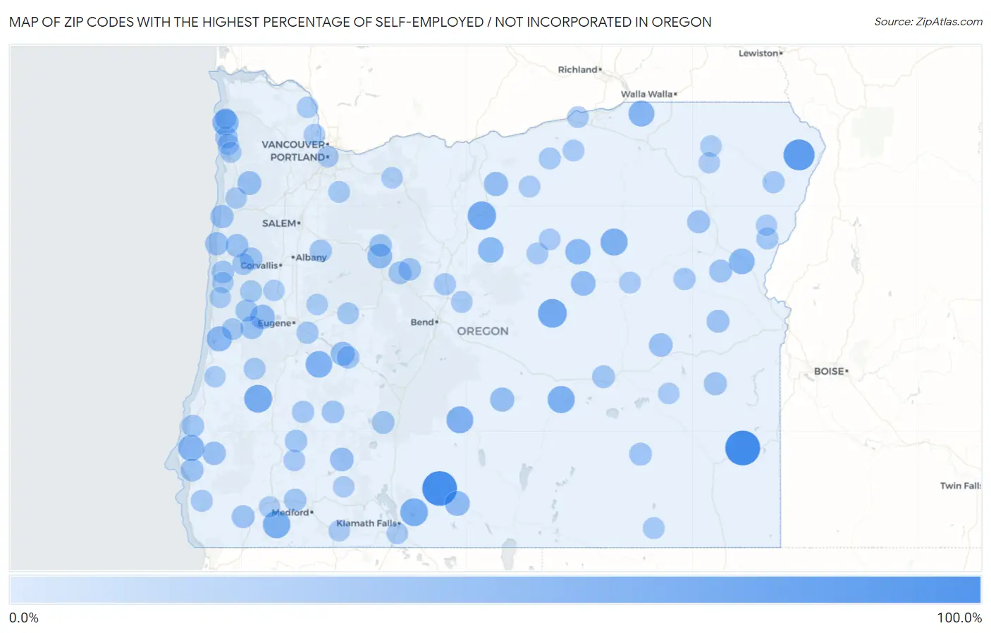 Zip Codes with the Highest Percentage of Self-Employed / Not Incorporated in Oregon Map