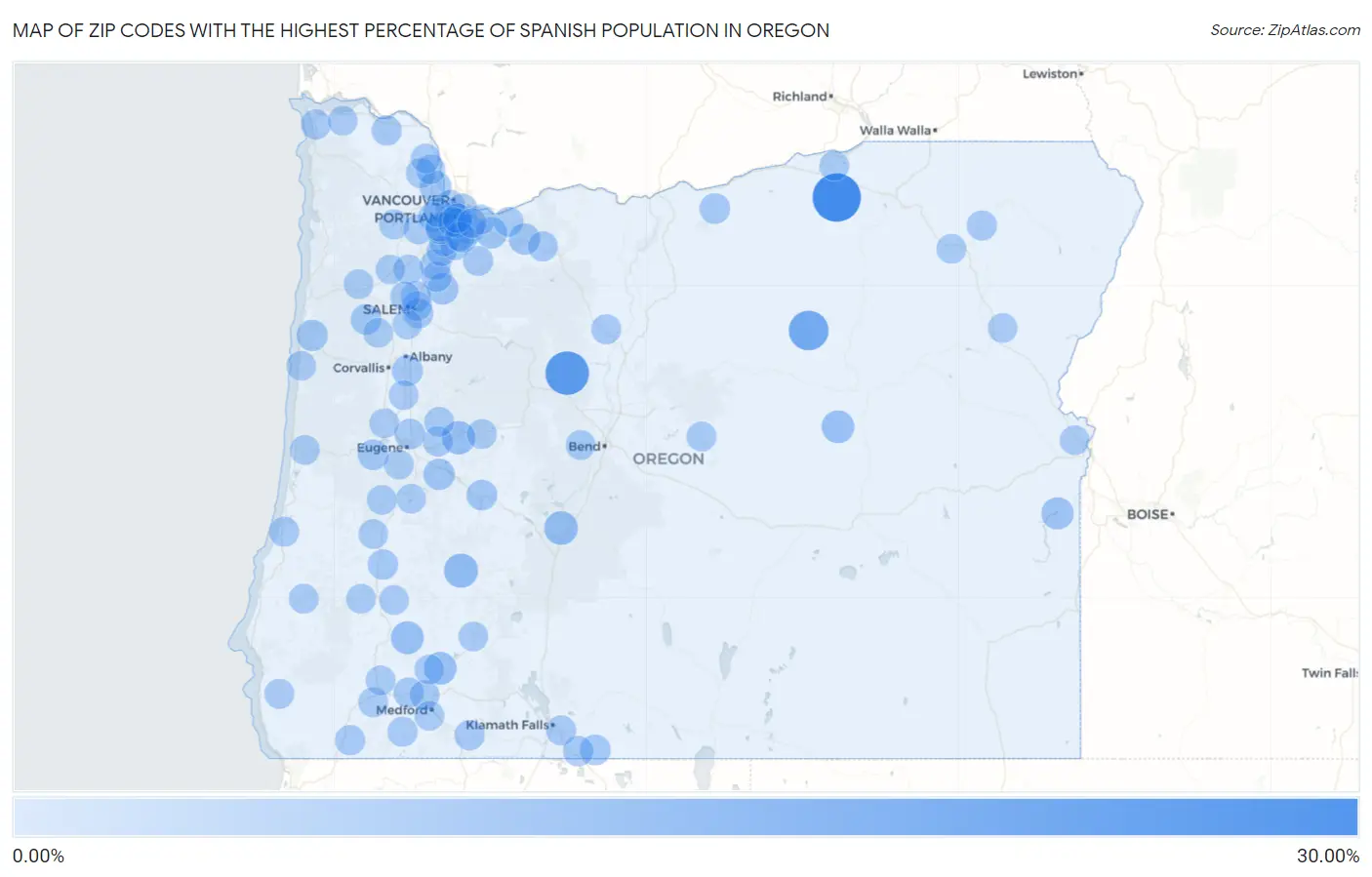Zip Codes with the Highest Percentage of Spanish Population in Oregon Map