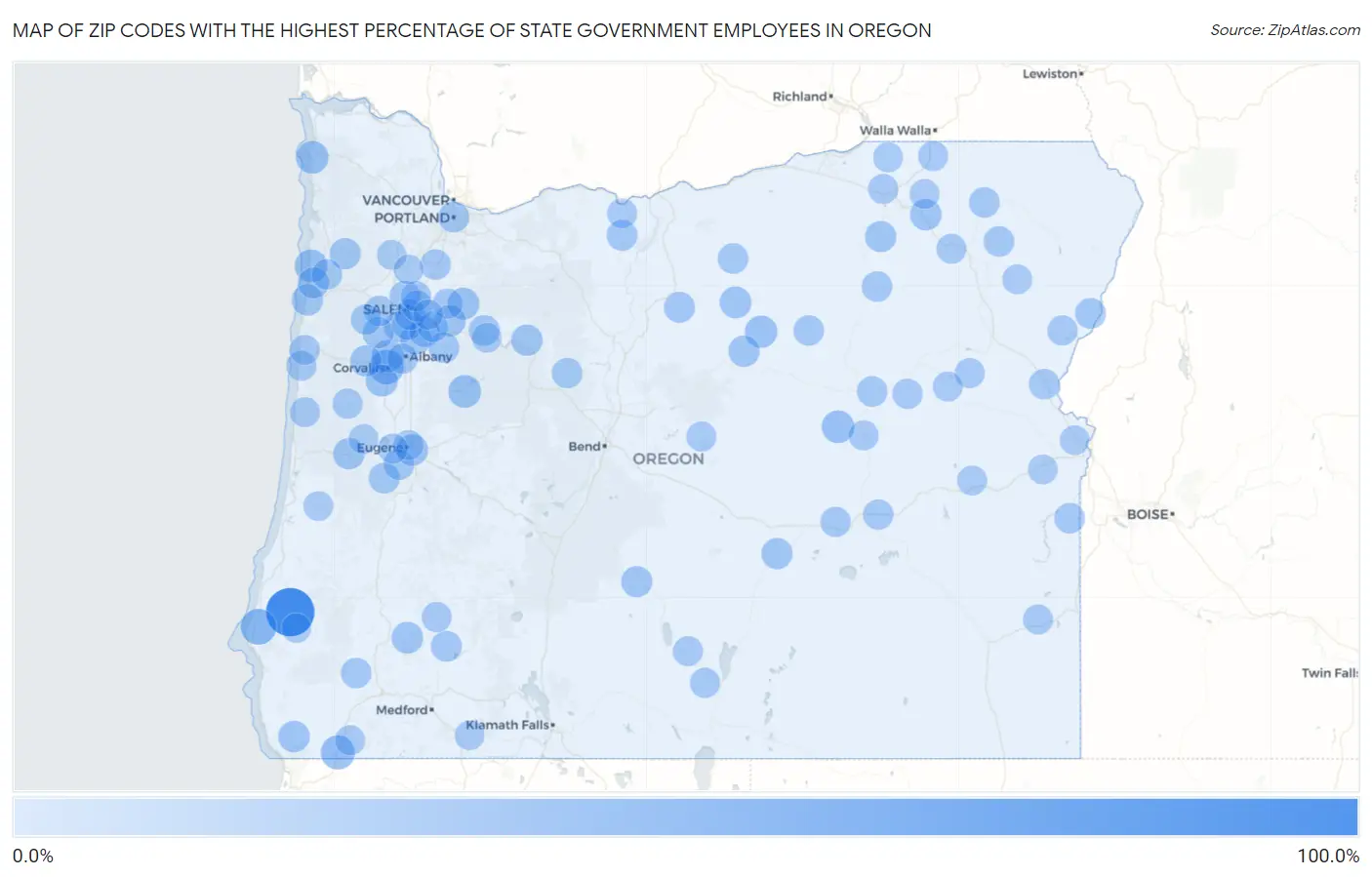 Zip Codes with the Highest Percentage of State Government Employees in Oregon Map