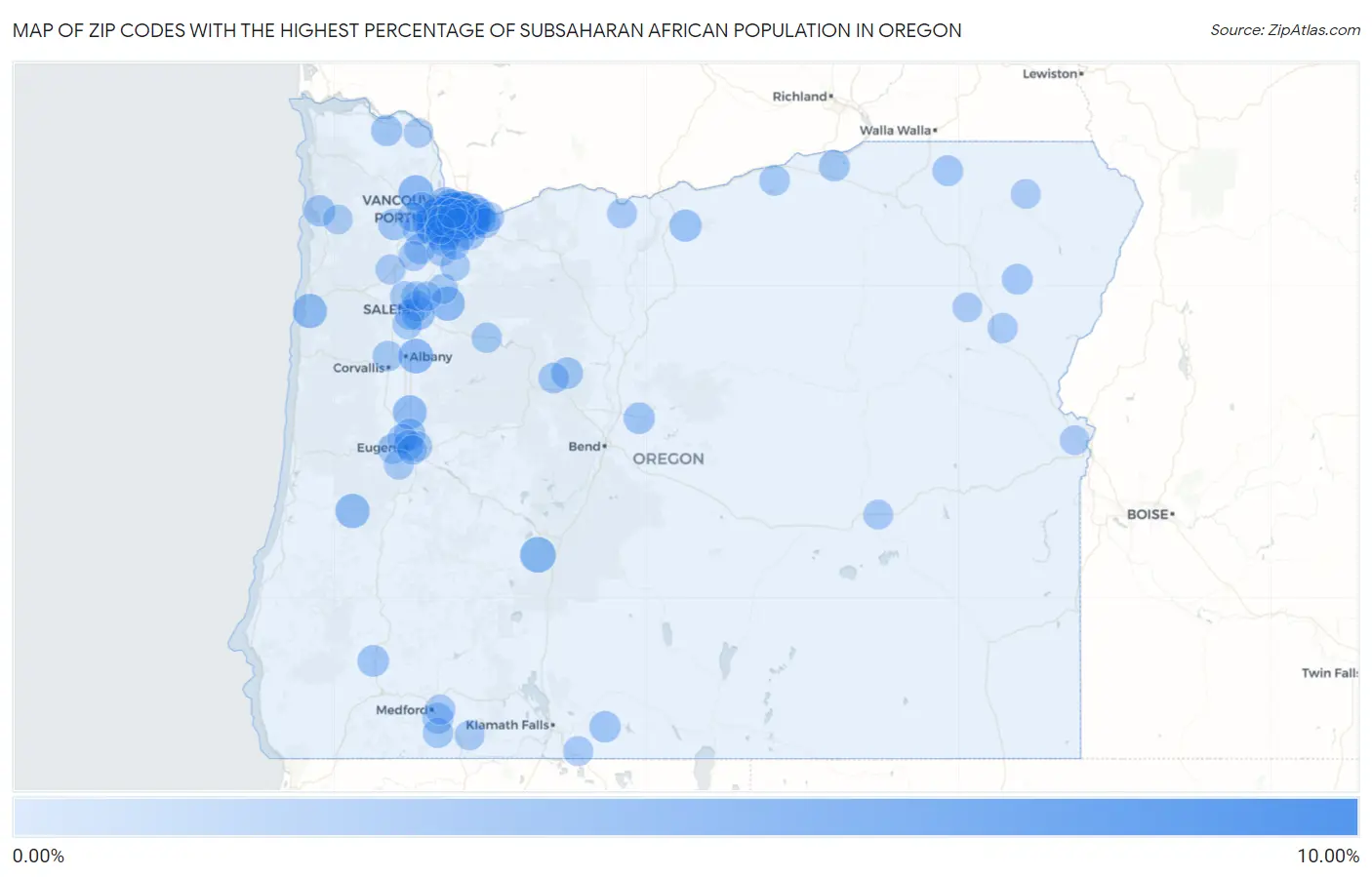 Zip Codes with the Highest Percentage of Subsaharan African Population in Oregon Map