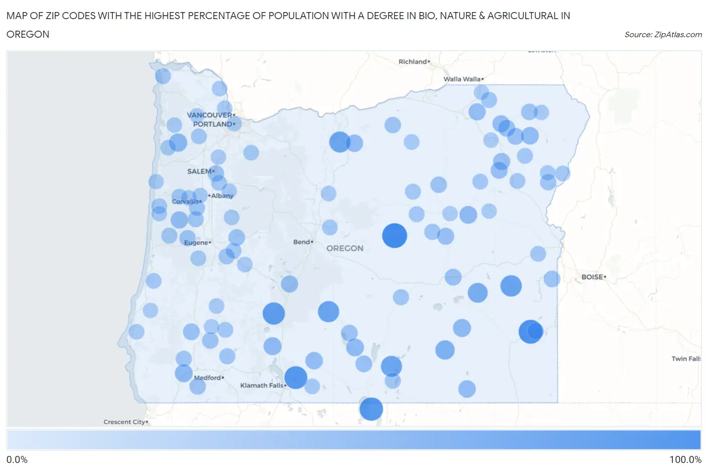 Zip Codes with the Highest Percentage of Population with a Degree in Bio, Nature & Agricultural in Oregon Map
