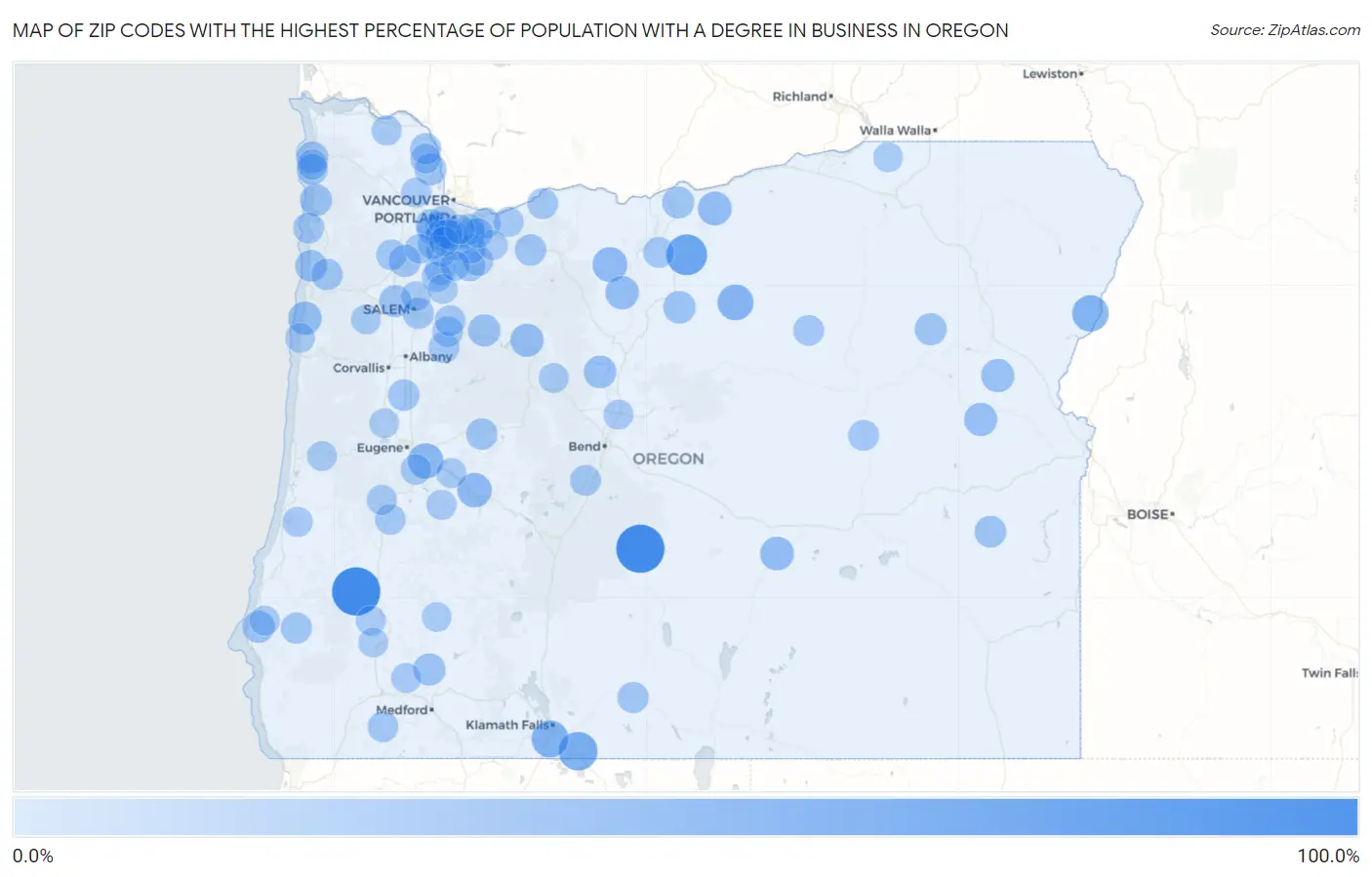 Zip Codes with the Highest Percentage of Population with a Degree in Business in Oregon Map