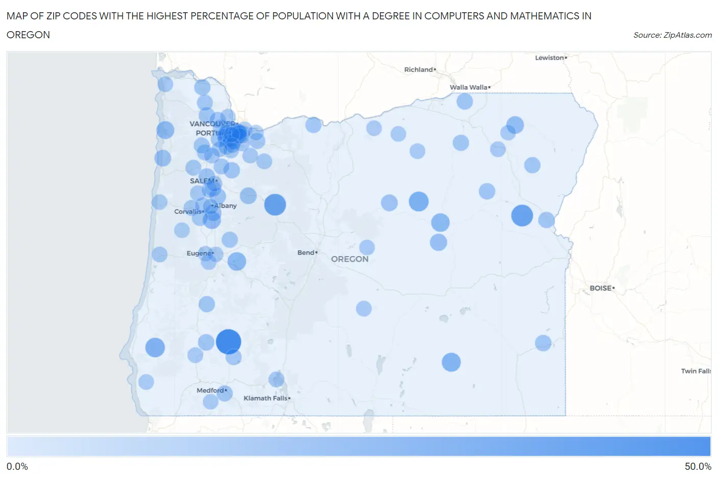 Zip Codes with the Highest Percentage of Population with a Degree in Computers and Mathematics in Oregon Map