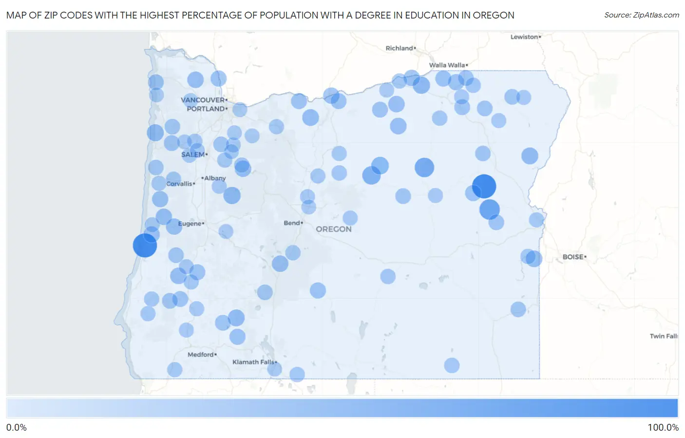 Zip Codes with the Highest Percentage of Population with a Degree in Education in Oregon Map