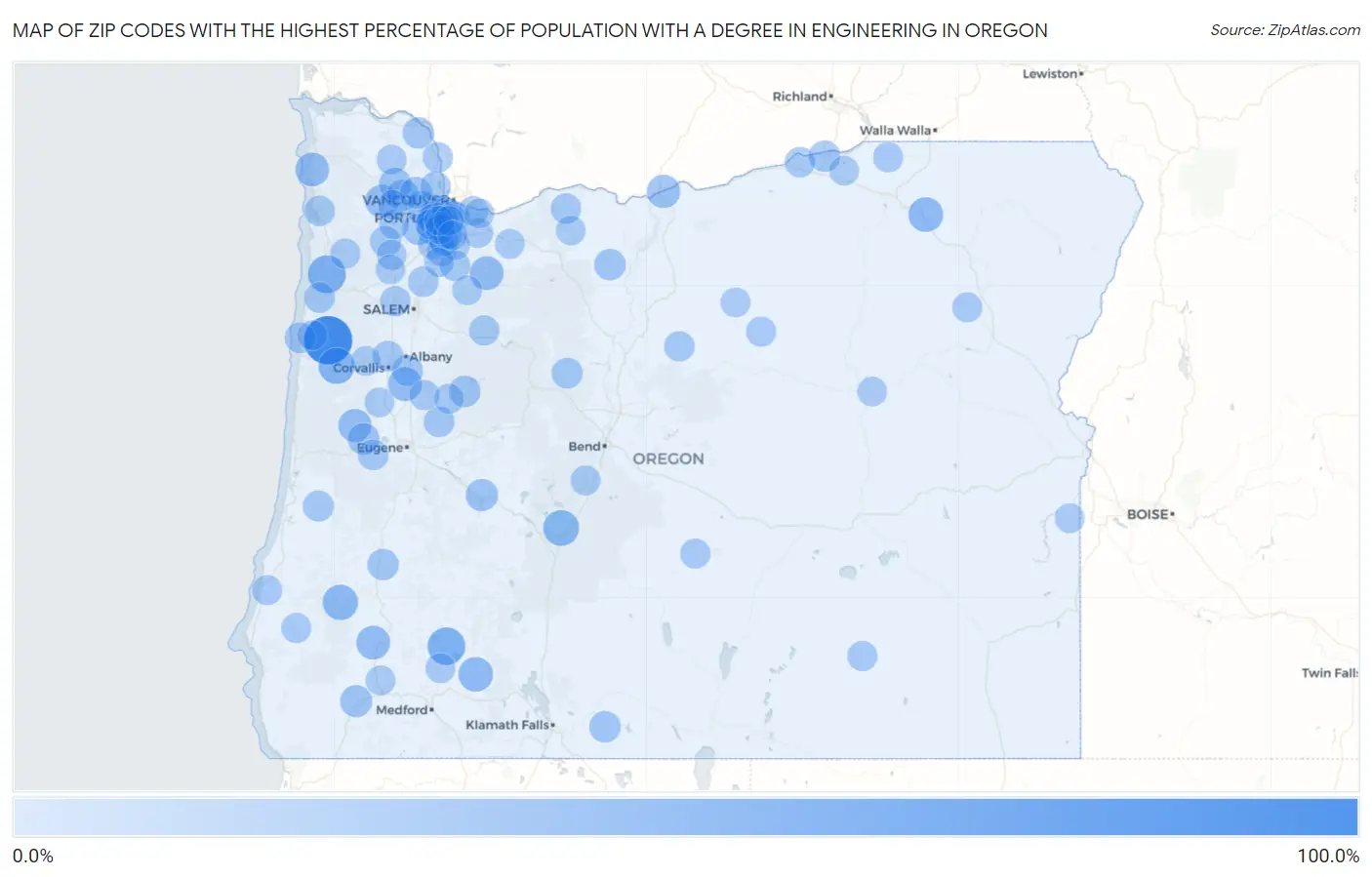 Zip Codes with the Highest Percentage of Population with a Degree in Engineering in Oregon Map
