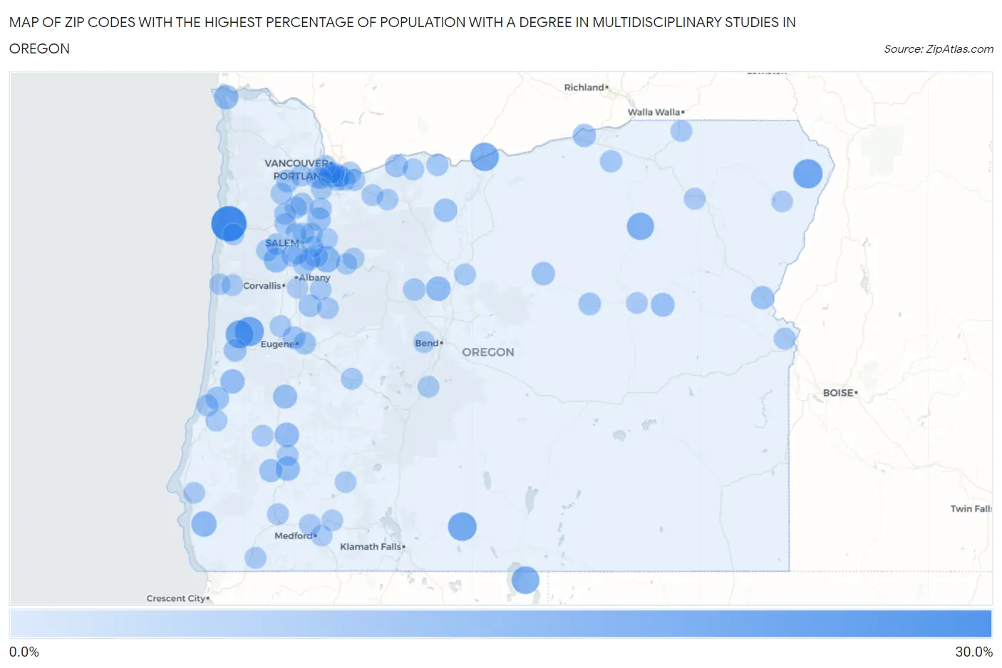 Zip Codes with the Highest Percentage of Population with a Degree in Multidisciplinary Studies in Oregon Map