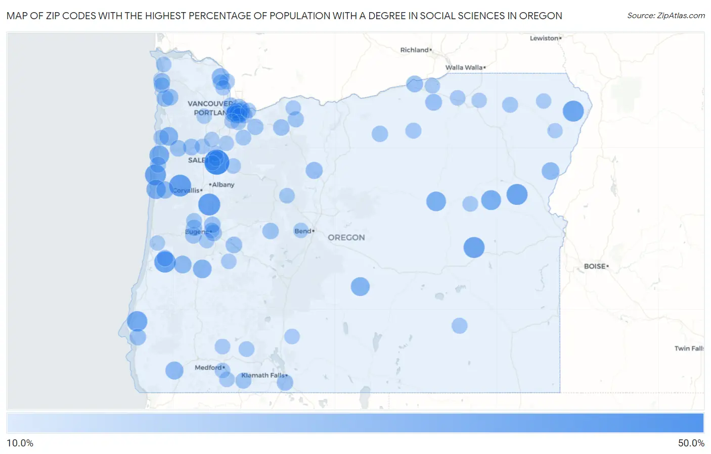 Zip Codes with the Highest Percentage of Population with a Degree in Social Sciences in Oregon Map