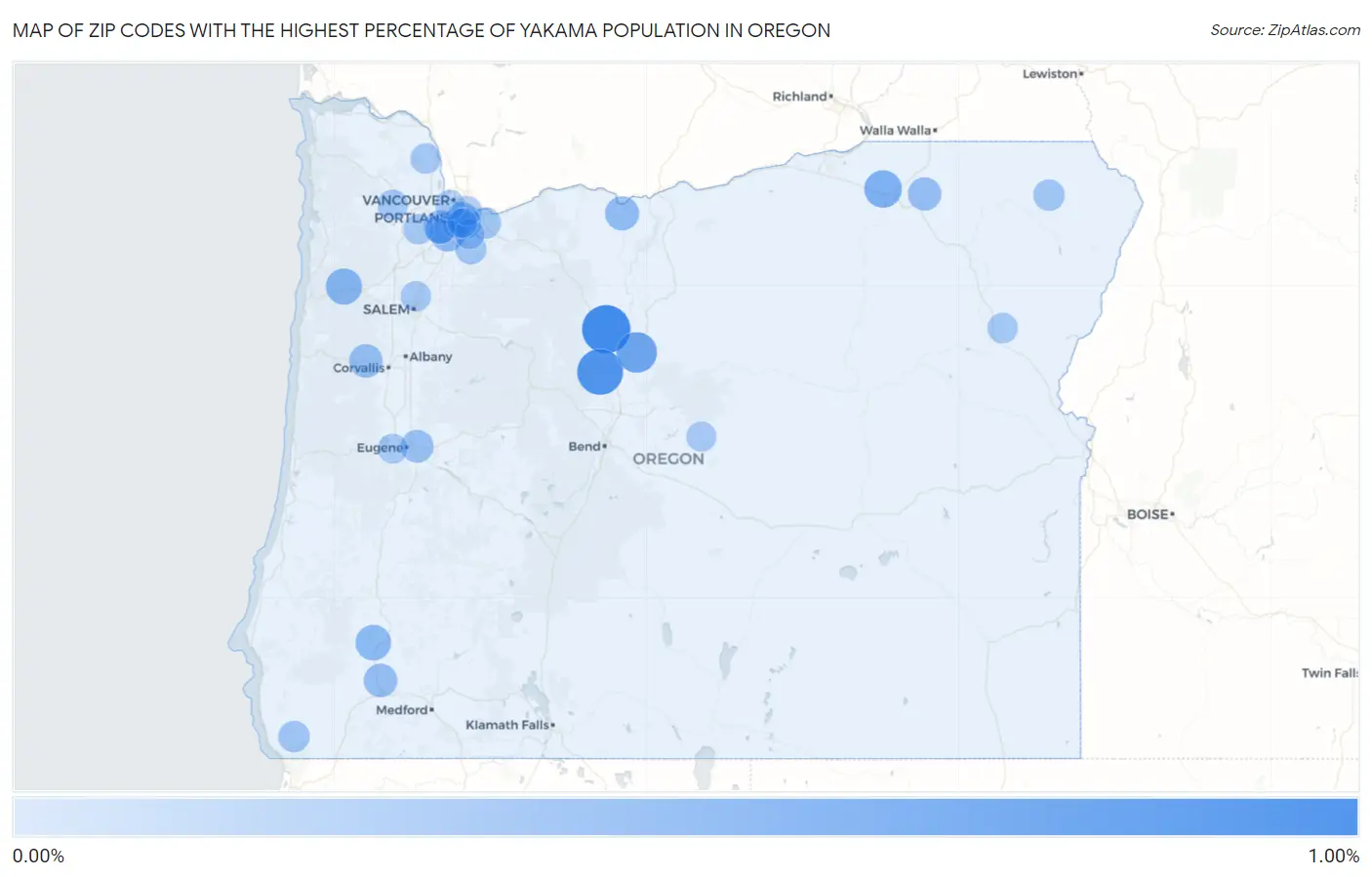 Zip Codes with the Highest Percentage of Yakama Population in Oregon Map