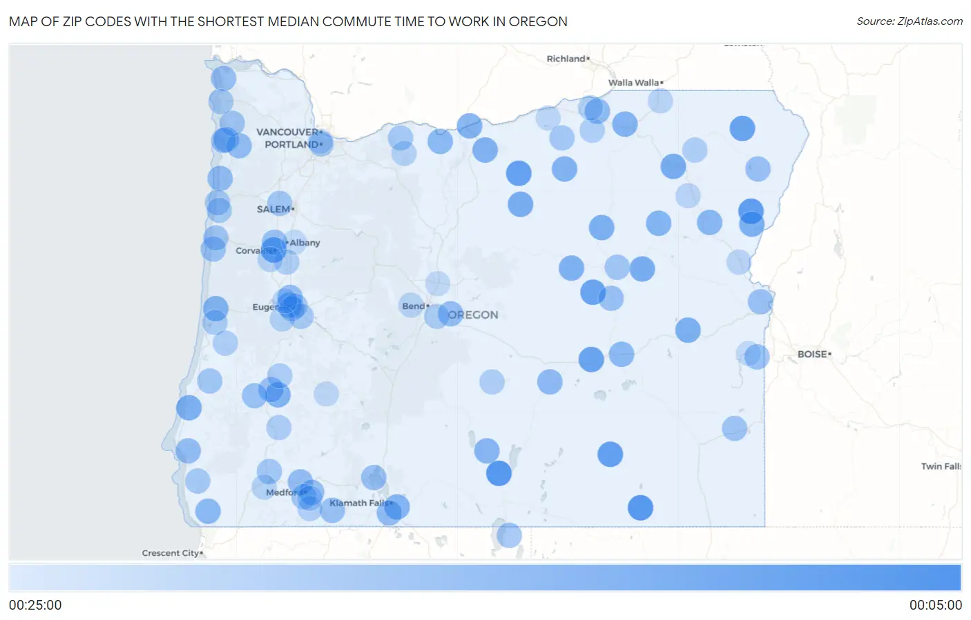 Zip Codes with the Shortest Median Commute Time to Work in Oregon Map
